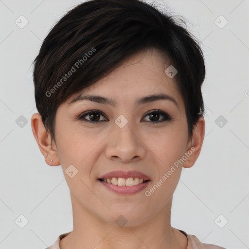 Joyful asian young-adult female with short  brown hair and brown eyes