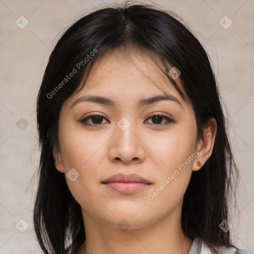 Neutral asian young-adult female with long  brown hair and brown eyes