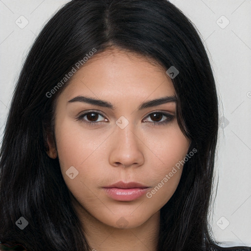 Neutral asian young-adult female with long  brown hair and brown eyes