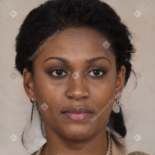 Neutral black young-adult female with long  brown hair and brown eyes