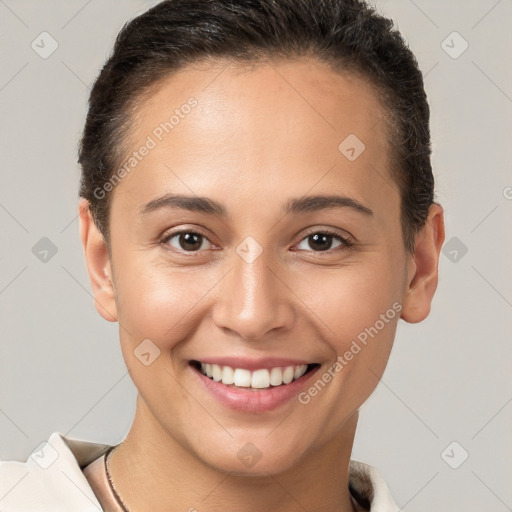 Joyful white young-adult female with short  brown hair and brown eyes