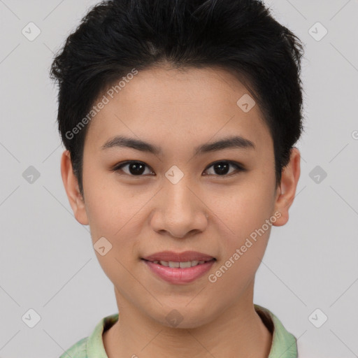 Joyful asian young-adult female with short  brown hair and brown eyes