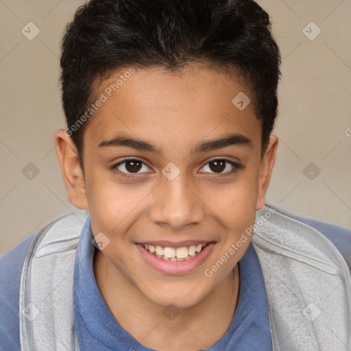 Joyful white child female with short  brown hair and brown eyes