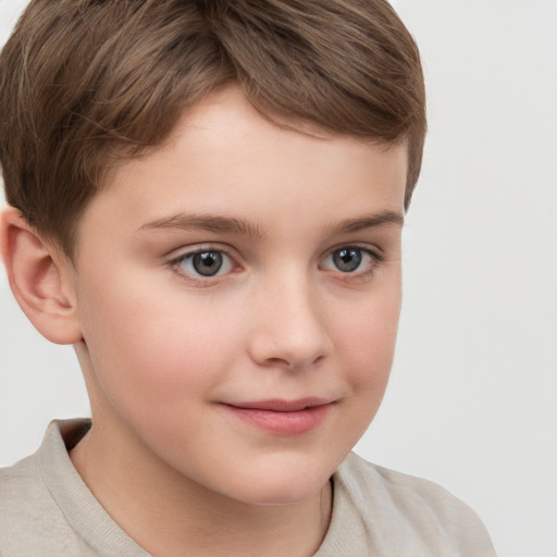 Joyful white child female with short  brown hair and brown eyes