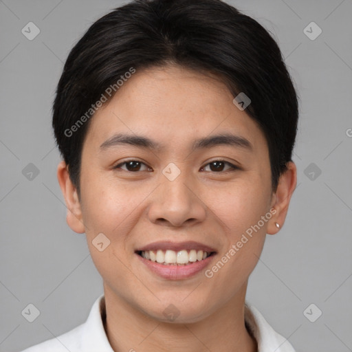 Joyful asian young-adult female with short  brown hair and brown eyes