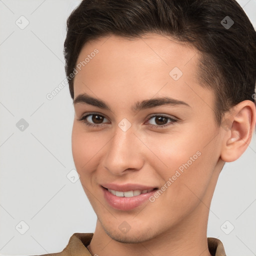 Joyful white young-adult female with short  brown hair and brown eyes