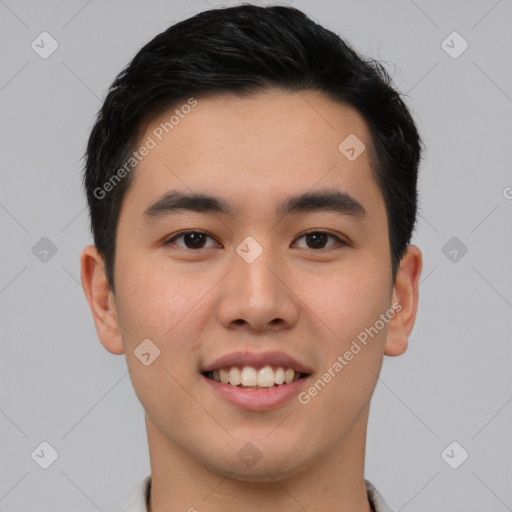 Joyful white young-adult male with short  black hair and brown eyes