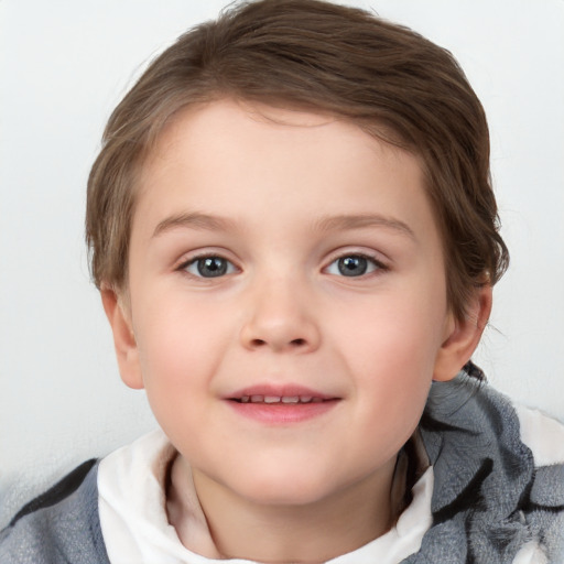 Joyful white child female with medium  brown hair and blue eyes