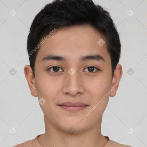 Joyful asian young-adult male with short  brown hair and brown eyes