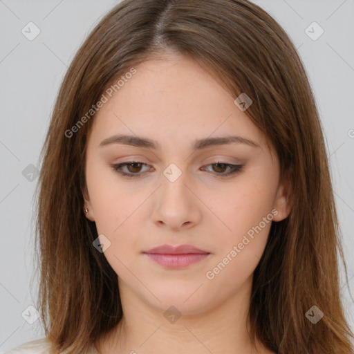 Neutral white young-adult female with long  brown hair and brown eyes