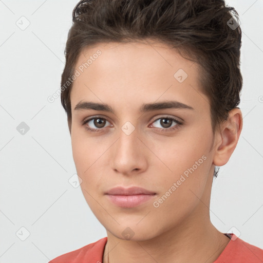 Neutral white young-adult female with short  brown hair and brown eyes