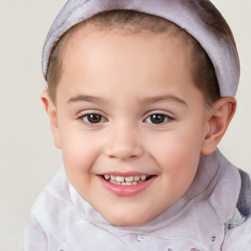 Joyful white child female with short  brown hair and brown eyes