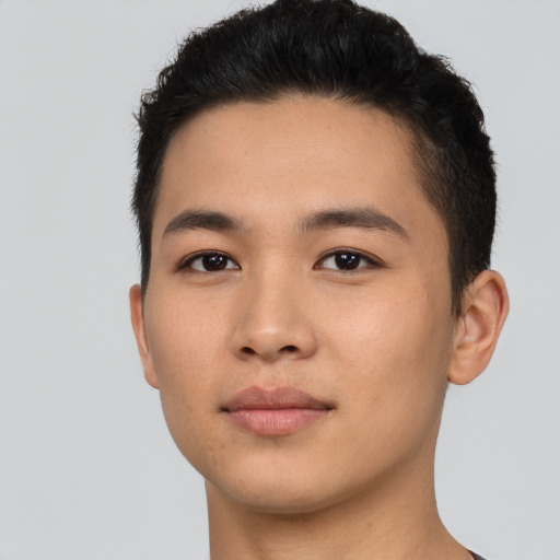 Neutral asian young-adult male with short  brown hair and brown eyes