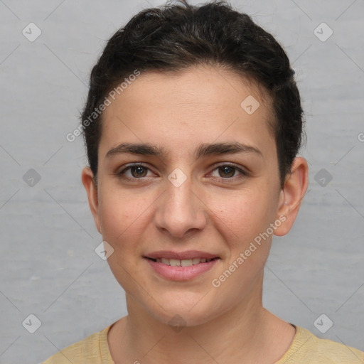 Joyful white young-adult female with short  brown hair and brown eyes