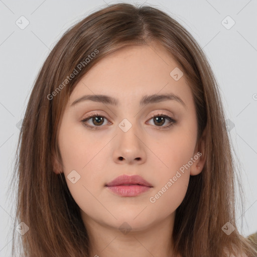 Neutral white young-adult female with long  brown hair and brown eyes