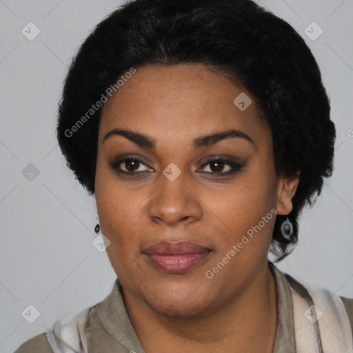 Neutral black young-adult female with short  black hair and brown eyes
