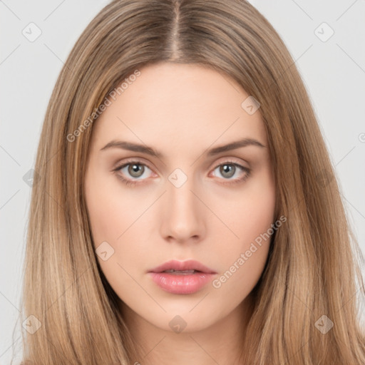 Neutral white young-adult female with long  brown hair and brown eyes