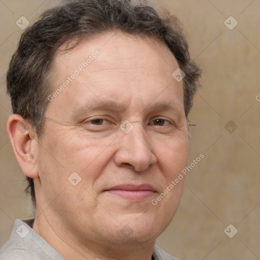 Joyful white middle-aged male with short  brown hair and brown eyes