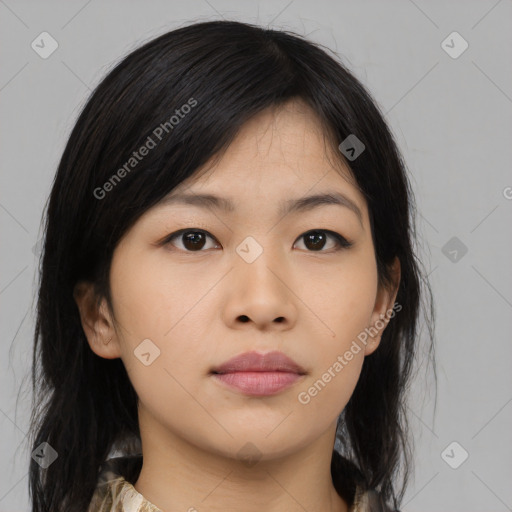 Neutral asian young-adult female with medium  black hair and brown eyes