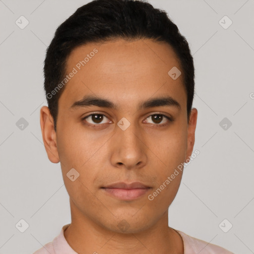 Neutral latino young-adult male with short  black hair and brown eyes