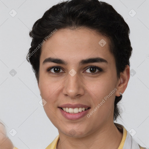 Joyful white young-adult female with short  brown hair and brown eyes