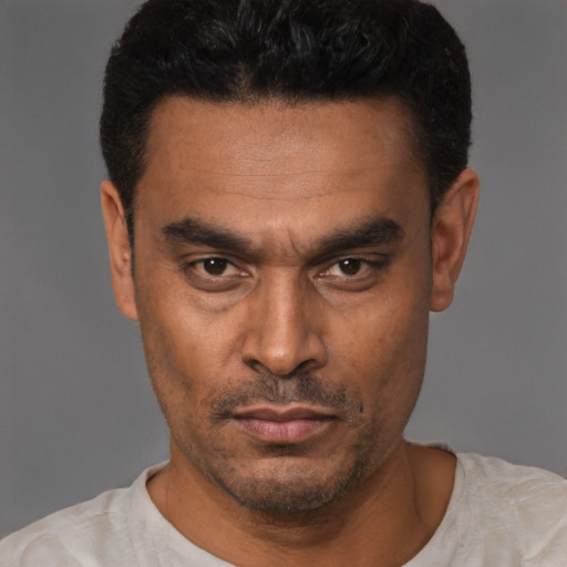 Neutral latino adult male with short  black hair and brown eyes