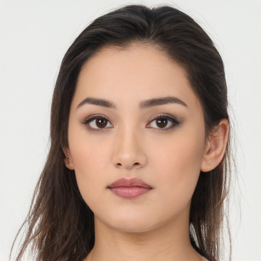 Neutral asian young-adult female with long  brown hair and brown eyes