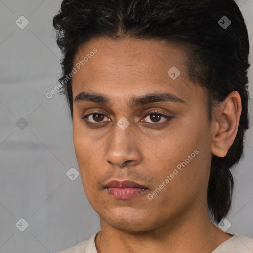 Neutral latino young-adult male with short  black hair and brown eyes