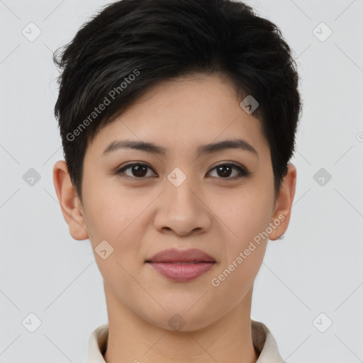 Joyful asian young-adult female with short  brown hair and brown eyes