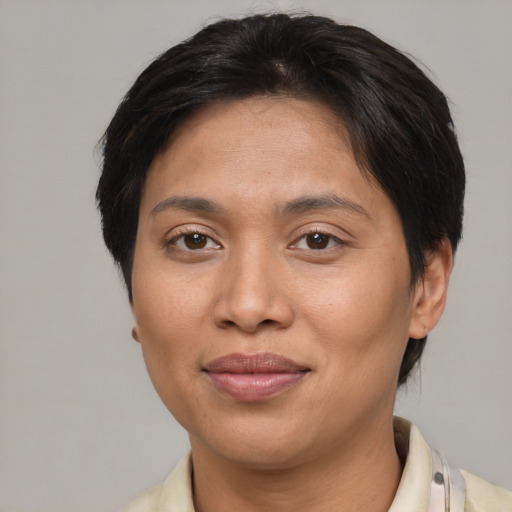 Joyful asian adult female with medium  brown hair and brown eyes