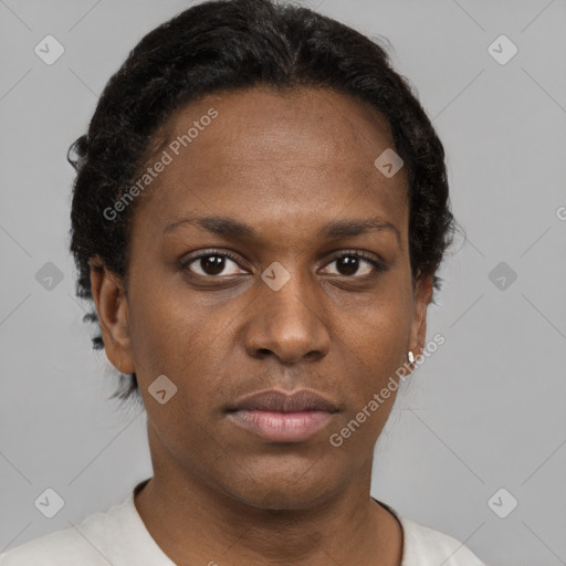 Neutral black young-adult female with short  black hair and brown eyes
