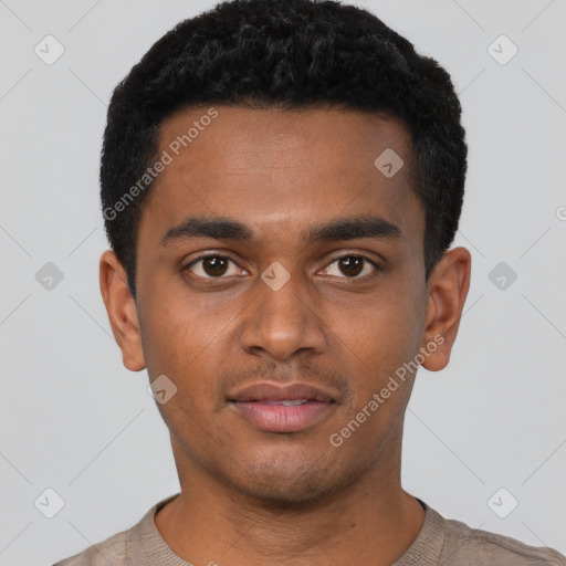 Joyful black young-adult male with short  black hair and brown eyes