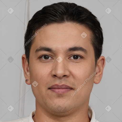 Joyful white young-adult male with short  brown hair and brown eyes