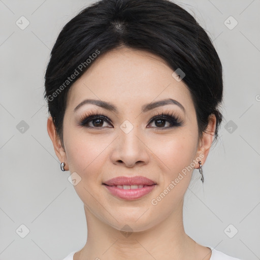 Joyful asian young-adult female with medium  black hair and brown eyes