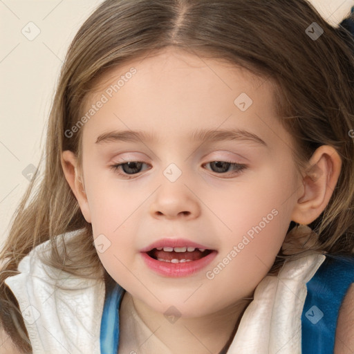 Joyful white child female with long  brown hair and brown eyes