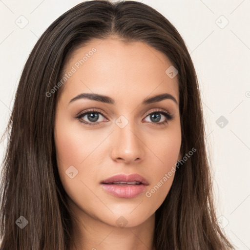 Neutral white young-adult female with long  brown hair and brown eyes