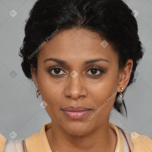 Joyful latino young-adult female with short  brown hair and brown eyes