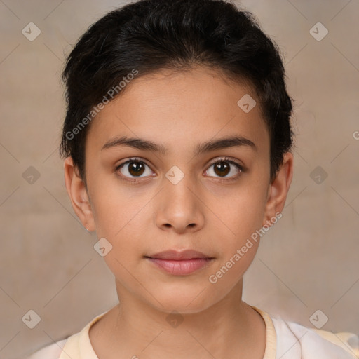 Neutral white young-adult female with short  brown hair and brown eyes