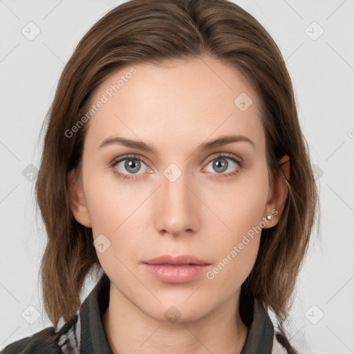 Neutral white young-adult female with medium  brown hair and grey eyes