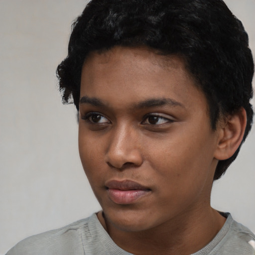 Neutral latino young-adult female with short  black hair and brown eyes