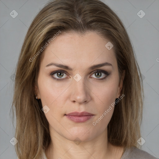 Neutral white young-adult female with medium  brown hair and brown eyes