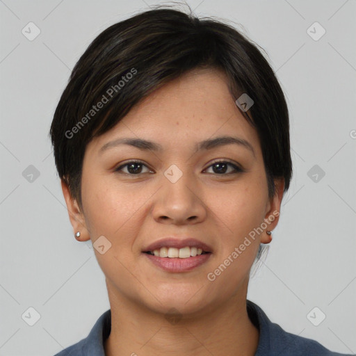 Joyful asian young-adult female with short  black hair and brown eyes