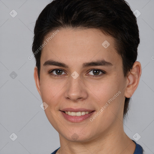 Joyful white young-adult female with short  brown hair and brown eyes