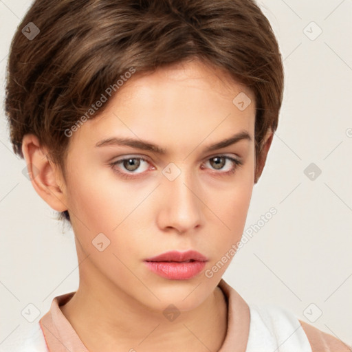 Neutral white young-adult female with short  brown hair and brown eyes