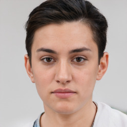 Neutral white young-adult female with short  brown hair and brown eyes