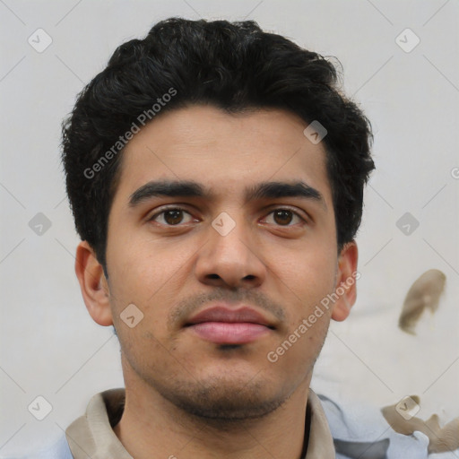 Neutral latino young-adult male with short  brown hair and brown eyes