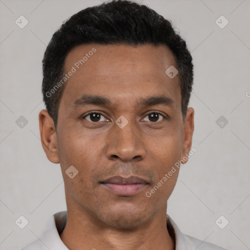 Neutral black young-adult male with short  black hair and brown eyes