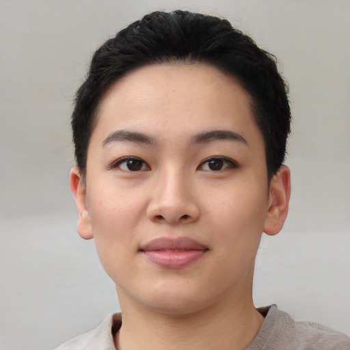 Neutral asian young-adult female with short  black hair and brown eyes