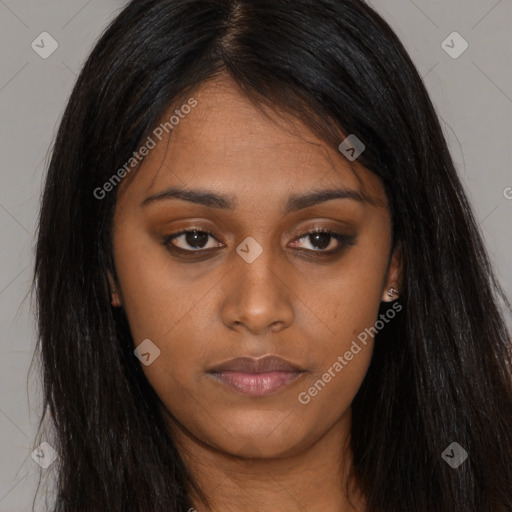 Neutral asian young-adult female with long  black hair and brown eyes