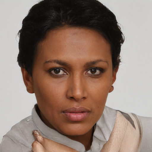 Neutral black young-adult female with short  brown hair and brown eyes